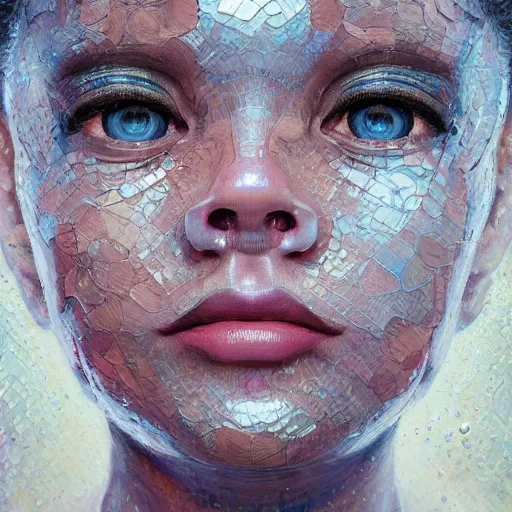 Image similar to hyperrealistic photograph of a highly detailed portrait of beautiful pearlescent cyborg, in the style of jin kagetsu, james jean and wlop, chuck close, highly detailed, face symmetry, highly realistic hands, masterpiece, award - winning, sharp focus, intricate concept art, ambient lighting, 8 k, artstation,