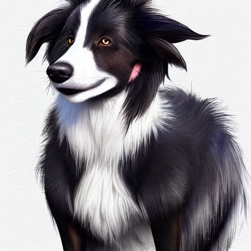 Image similar to wide angle beautiful full body portrait of a strong male anthropomorphic anthro border collie fursona, furry art, furaffinity, beautiful, glamor pose, detailed, aesthetic, trending on artstation