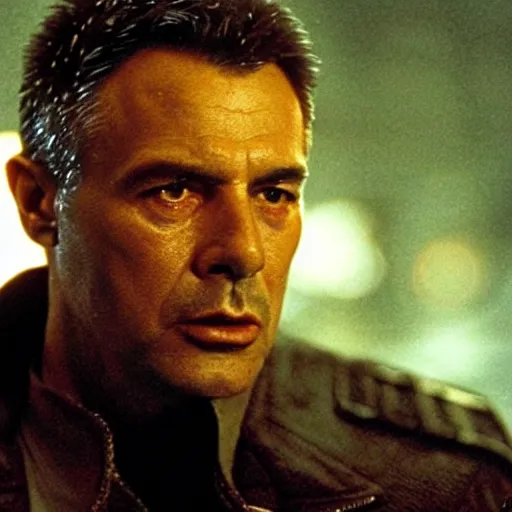 Image similar to film still blade runner with officer Deckard played by Viktor Orban