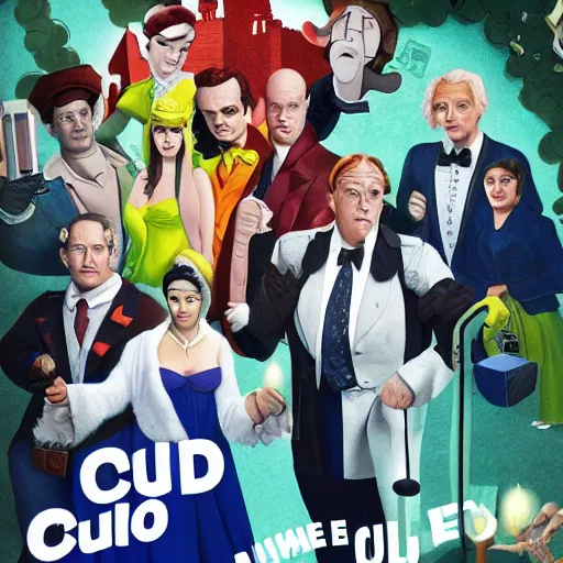 Prompt: cluedo movie, official promotional poster, 4K, highly detailed characters