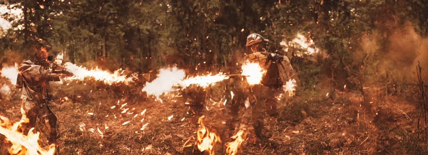Prompt: a guy firing from a flamethrower napalm, film footage porta 4 0 0 golden, epic burst of fire, cinematic contrast shot