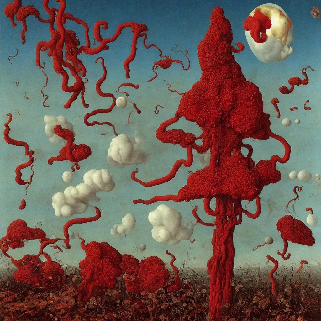 Prompt: a single colorful! ( lovecraftian ) crimson fungus tower white! clear empty sky, a high contrast!! ultradetailed photorealistic painting by jan van eyck, audubon, rene magritte, agnes pelton, max ernst, walton ford, andreas achenbach, ernst haeckel, hard lighting, masterpiece