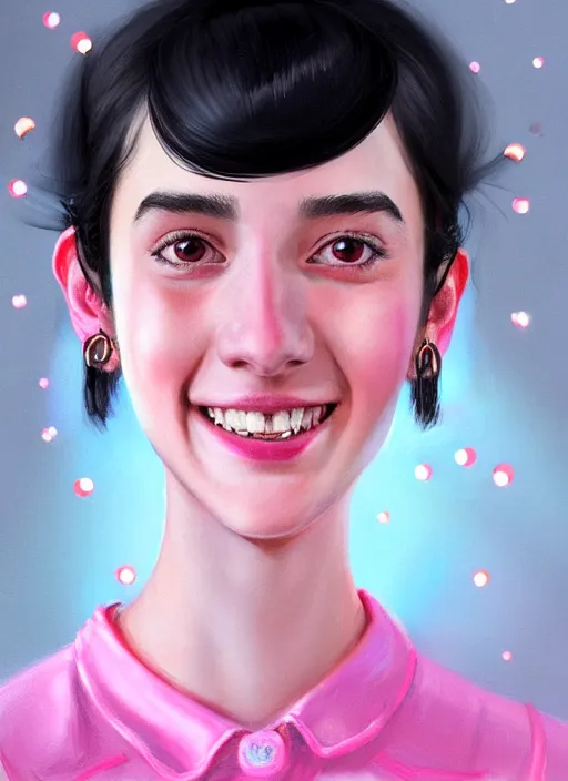 Image similar to portrait of high school girl, realistic, black hair, bangs, half updo hairstyle, pointy nose, skinny, smile, ugly, defined jawline, big chin, pink hair bow, earrings, intricate, elegant, glowing lights, highly detailed, digital painting, artstation, sharp focus, illustration, art by wlop, mars ravelo and greg rutkowski