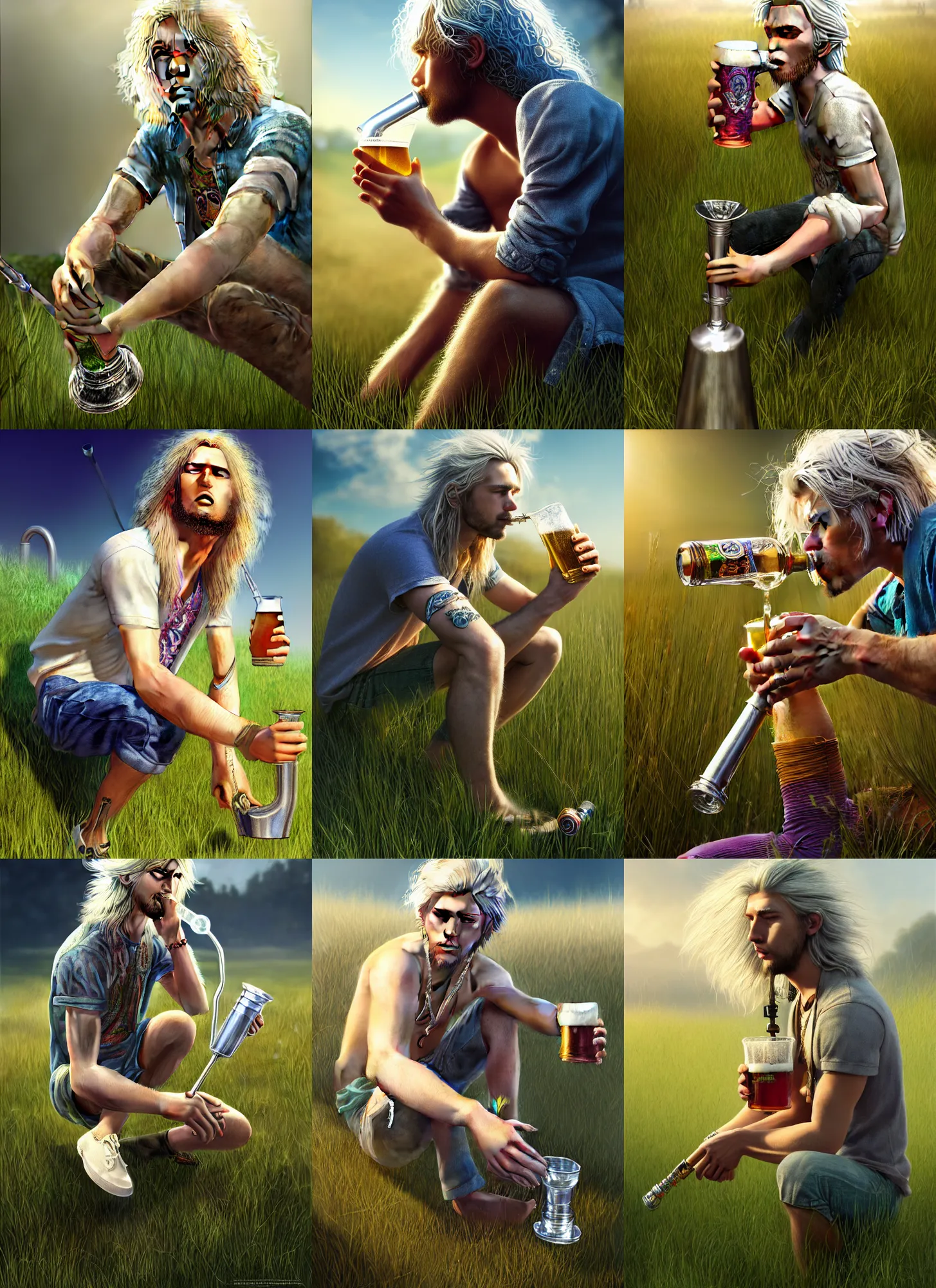 Prompt: a hippie young man, blonde and silver hair, crouching, drinking from beer bong funnel, colourful clothes, hyper realistic, extreme detail, grass, smooth, subtle shadows, fine details, octane render, stunning, intricate, elegant, highly detailed, digital portrait, artstation, smooth, sharp focus, raw, by greg rutkowski