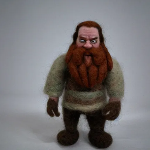 Prompt: needle felted gimli from the return of the king (2003), highly detailed, tilt shift, eerie!!!, hyperrealism, highly textured, god rays