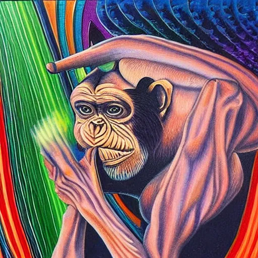 Image similar to alex grey painting of a chimpanzee holding up a bone