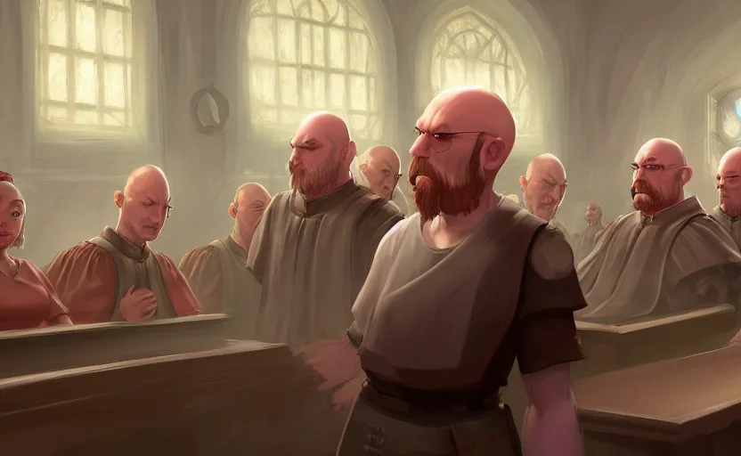 Prompt: the courtroom, close up a bald man in a skirt, no blur, 4 k resolution, ultra detailed, style of marc simonetti, tyler edlin, deviantart