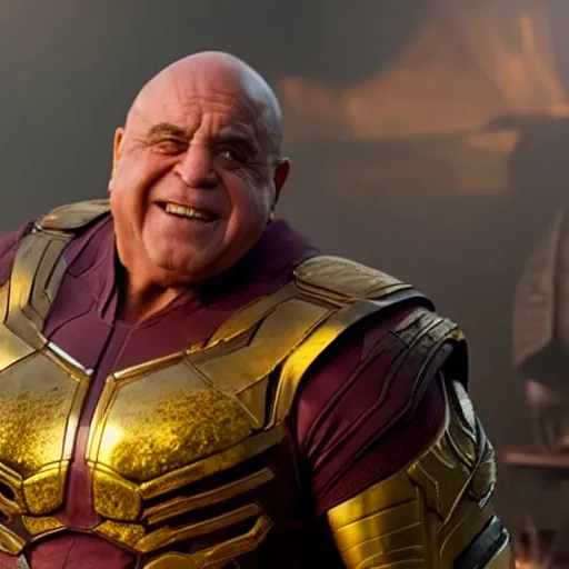 Image similar to film still of Danny Devito as Thanos in Avengers Endgame