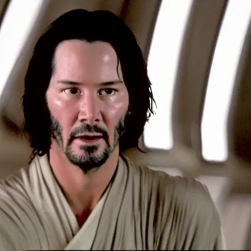 Prompt: a frame of Keanu Reeves in Star wars