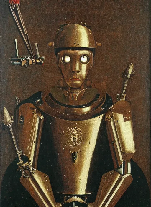 Image similar to a portrait of a warrior robot by Jan van Eyck