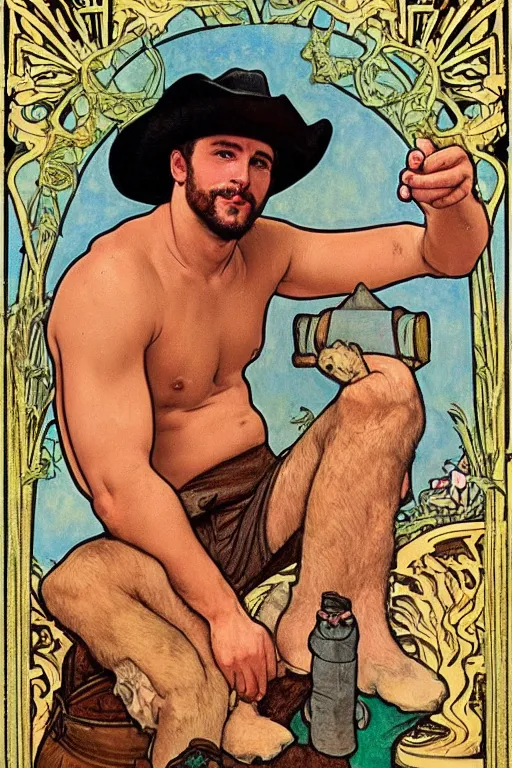 Prompt: a beautiful portrait painting of a handsome shirtless cowboy wearing cowboy hat and boots with a chunky build and belly next to a campfire, homoerotic!, tarot card, art deco!, art nouveau, by Walter Crane, by Mark Maggiori, by Alphonse Mucha, trending on artstation