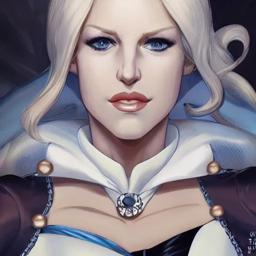 Image similar to portrait of emma frost, a beautiful woman in her 3 0 s with white blonde hair and blue eyes dressed in a fashionable white suit, detailed face, beautiful face, delicate features, smooth, sharp focus, graphic novel, art by artgerm, kazue kato, kore yamazaki, toni infante,