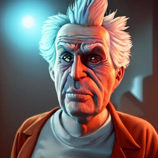 Image similar to portrait of old shaved rick sanchez, big eyes, lab coat and tee shirt, lens flare, atmosphere, glow, detailed, intricate, full of colour, cinematic lighting, trending on artstation, 4 k, hyperrealistic, focused, extreme details, unreal engine 5, cinematic, masterpiece