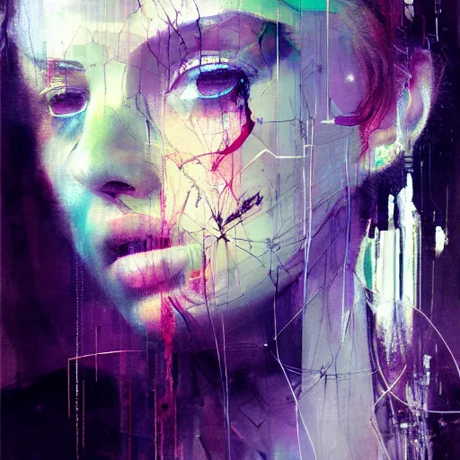 Image similar to portrait of a beautiful young woman cyber dreamer glitchcore wires, machines, by jeremy mann, francis bacon and agnes cecile, and dave mckean ink drips, paint smears, digital glitches glitchart