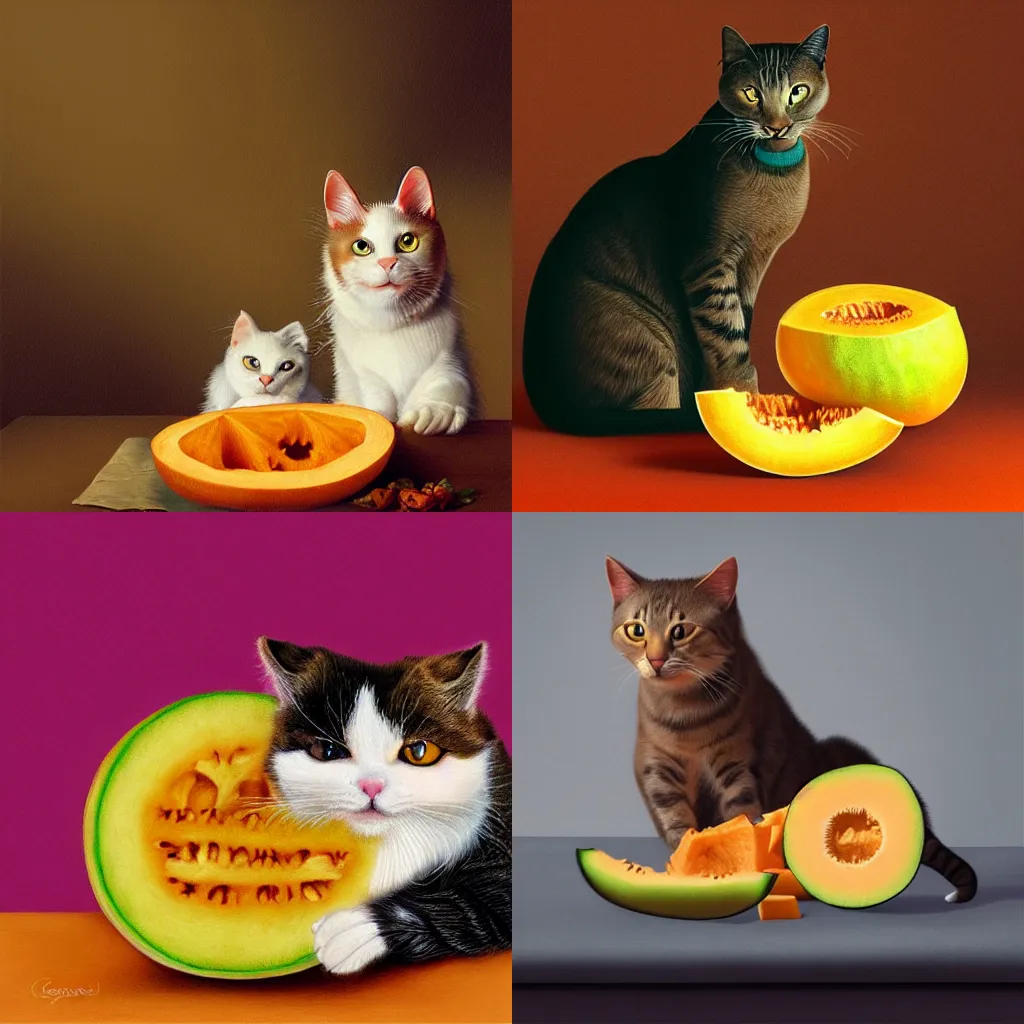 Prompt: cats with cantaloupe by george stubbs and elke vogelsang, artstation, textured, hdr