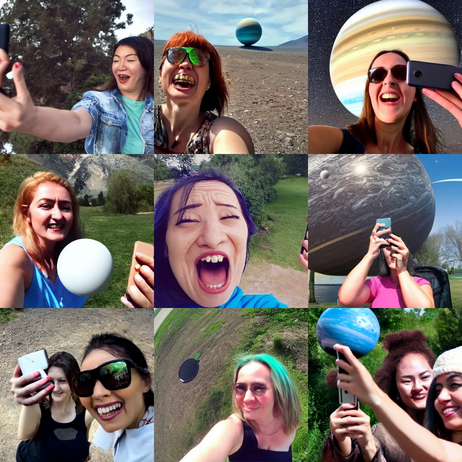 Prompt: Mad woman taking a selfie with planet Uranus