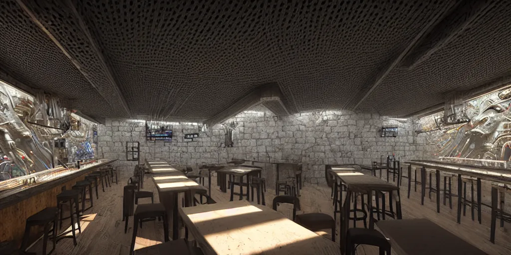 Image similar to Highly detailed realistic photo interior design in style of blend contemporary aesthetics by JAMIE BUSH and Josan Gonzalez of detailed cyberpunk tavern with stone walls, transparent Ceiling and neon lights, a lot of electronics and people, many details by Hiromasa Ogura. a lot of Natural white sunlight from the transperient roof. Rendered in VRAY