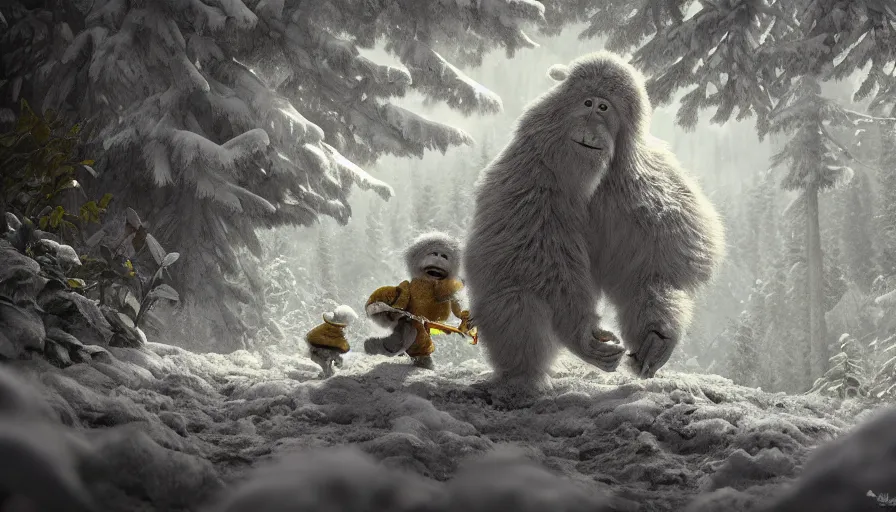 baby yeti harvesting flowers in the snowy forest,, Stable Diffusion