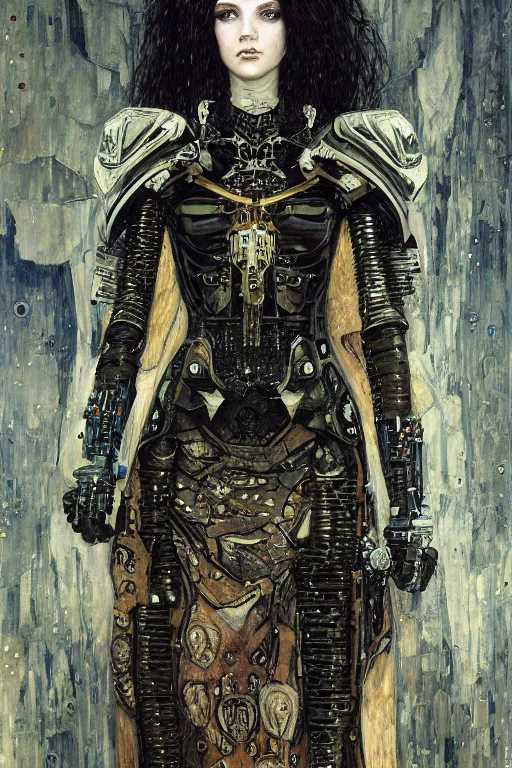 Image similar to portrait of beautiful young gothic sister of battle, cyberpunk, Warhammer, highly detailed, artstation, illustration, art by Gustav Klimt