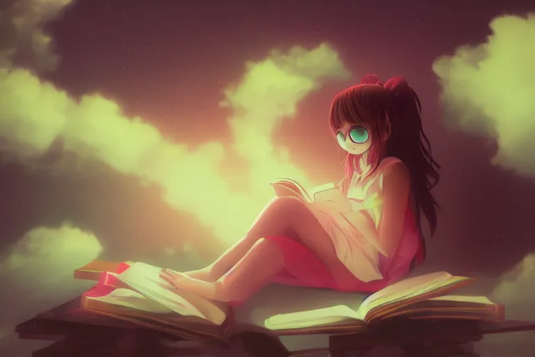 Prompt: a cute anime girl reading a book on a cloud relaxing, misty, glows, digital art, hazy, foggy, ambient lighting, 8 k, neon, synthwave,