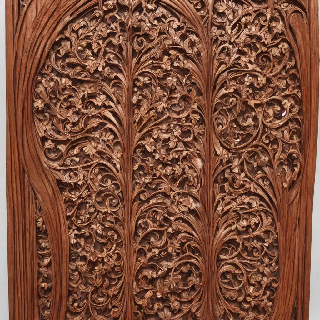 Image similar to a 3 d wooden mahogany art nouveau carved sculpture of a delicate multi - layer tracery pattern, intricate and highly detailed, well - lit, ornate, realistic, polished with visible wood grain