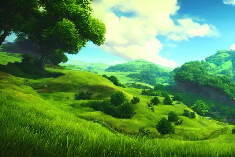 Image similar to wide green hilly, lush scenic landscape, blue sky, white clouds, video game style, unreal engine, cinematic look, anime, highly detailed