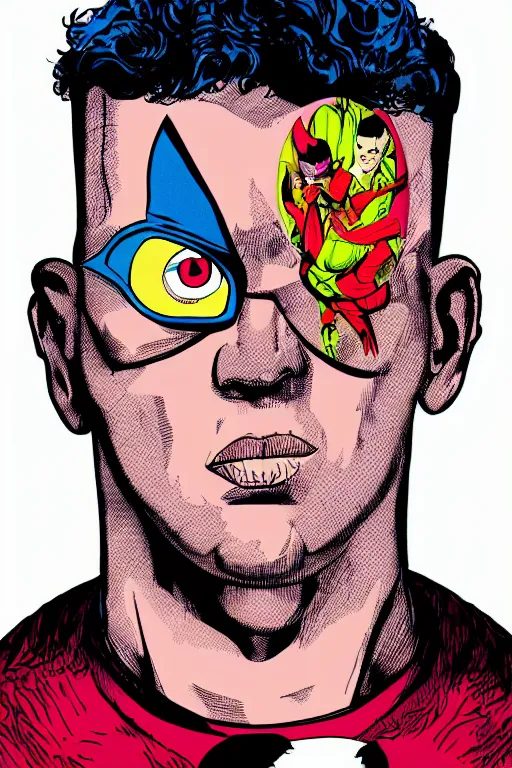 Prompt: Portrait of singer Bad Bunny, face transforming in a Rabbit, DC Comics, digital illustration by George Perez and Jim Lee