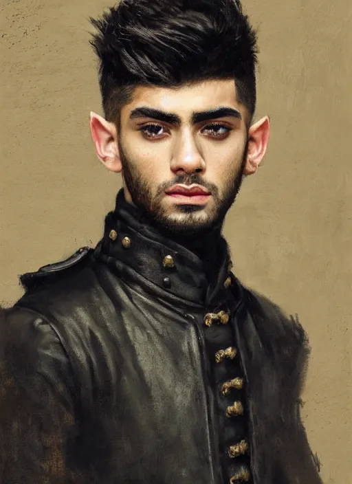 Image similar to portrait painting of zayn malik as an elf by jeremy mann, wearing leather napoleonic military style jacket, only one head single portrait, pointy ears