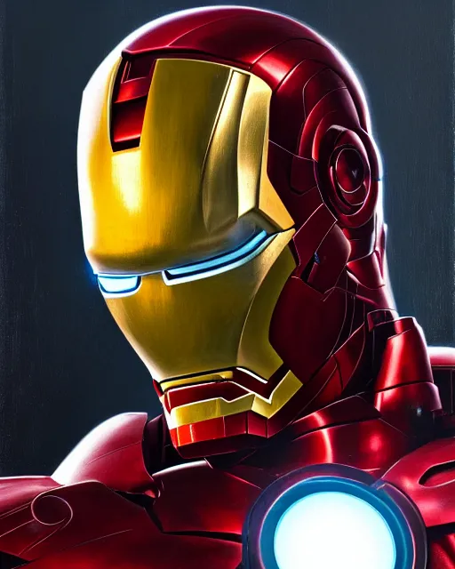 Prompt: a highly detailed portrait of a sinister Donald Trump as Iron Man, evil pose, by greg rutkowski and android jones in a surreal portrait style, oil on canvas, ancient cyberpunk 8k resolution, masterpiece