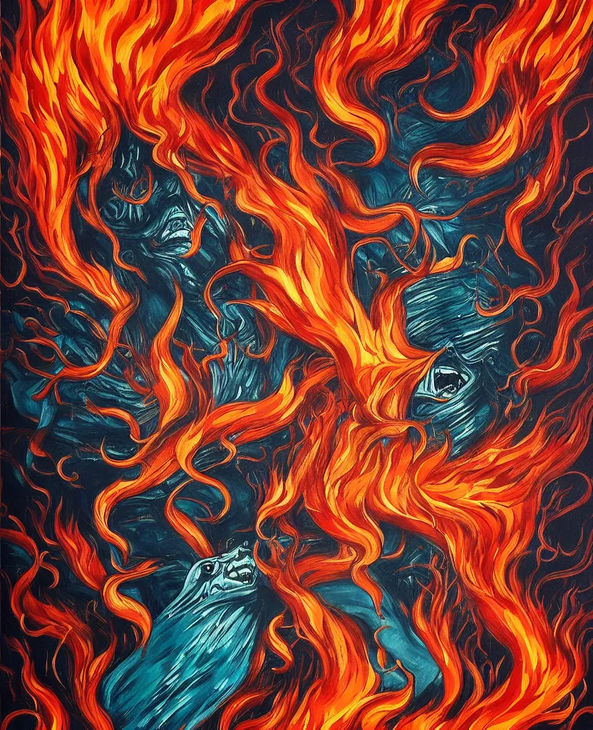 Image similar to wild emotional creatures repressed in the deep sea of unconscious of the psyche, about to rip through and escape in a fiery revolution, painted by ronny khalil