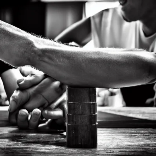 Prompt: arm wrestling. sigma 5 5 mm photo.