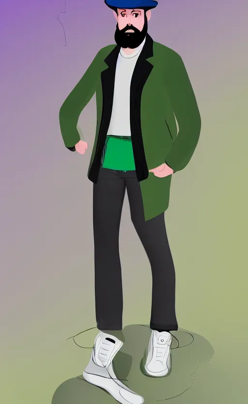 Prompt: a man of caucasian appearance with a chin curtain brown beard and without mustache in a black hat, green jacket, purple pants and white sneakers in full height, perfect face, black hat, concept art