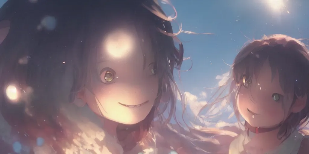 Image similar to a girl with a happy face wakes up in the morning, close up shot from the top, anime art, Greg Rutkowski, studio ghibli, dramatic lighting