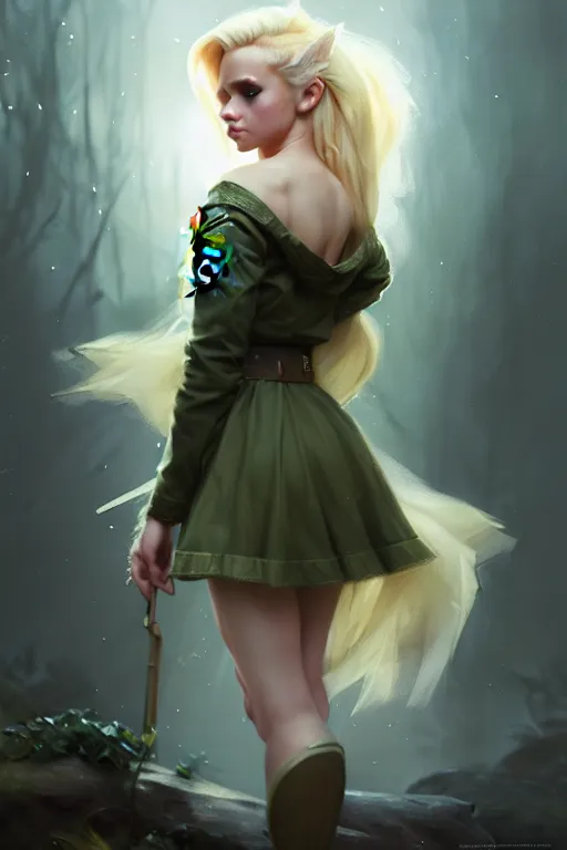 Image similar to cinematic shot of an epic portrait of a cute blonde fairy dressed in military clothes, stylised military clothes, shiny skin, beautiful eyes, beautiful, small details, night setting, realistic poster with volumetric light from craig mallism, artgerm, jeremy lipkin and michael garmash, unreal engine, radiant light, digital art, trends at art station, a masterpiece