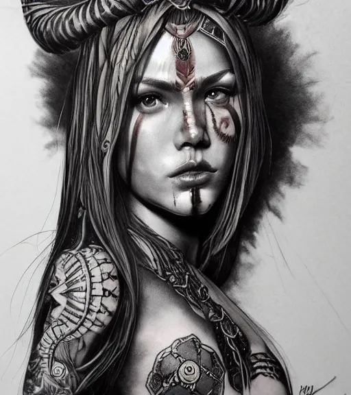 Image similar to tattoo design of a hyper realistic beautiful girl warrior, hyper detailed, inspired by eliot kohek, on white background