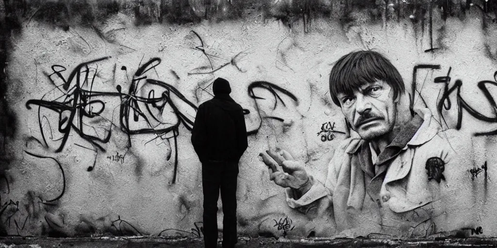 Prompt: detailed medium format photo, polaroid still from tarkovsky movie, dr. apple doing an amazing piece of graffiti on a wall, haze, high production value, intricate details, 8 k resolution, hyperrealistic, hdr, photorealistic, high definition, technicolor, award - winning photography, masterpiece, black and white, grungy