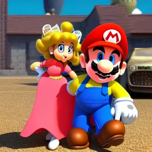 Image similar to super mario and hispanic princess peach spicy latina in pixar animated movie 4k octane render