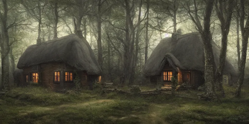 Image similar to a painting of a cottage in the woods and empty woods, 8k, fantasy, hyper realistic, atmospheric, cinematic