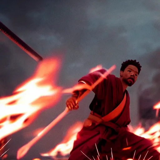 Image similar to cinematic film still of Chance The Rapper starring as a Samurai holding fire, Japanese CGI, VFX, 2022, 40mm lens, shallow depth of field, film photography