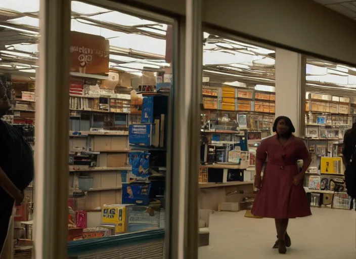 Image similar to cinematic wide shot of backlit windows of a narrow used electronics store, octavia spencer wanders the messy aisles, keyboards, iconic scene from the paranoid thriller sci fi film directed by pt anderson, anamorphic cinematography, beautiful composition, color theory, leading lines, photorealistic, volumetric lighting