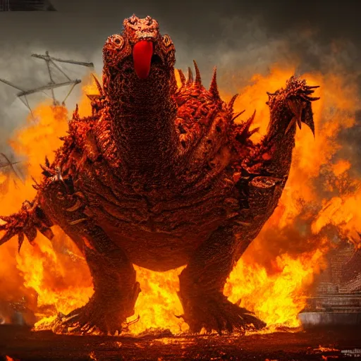Image similar to evil steel rust bubble screaming fire chicken kaiju, cinematic, epic scale, hyper detailed, photorealistic, rule of thirds, 8 k.