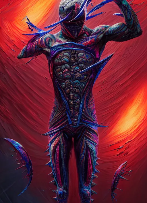 Prompt: hyper detailed ultra sharp of a full body ninja warrior, trending on artstation, warpaint aesthetic, bloodwave, colorful, psychedelic, ornate, intricate, digital painting, concept art, smooth, sharp focus, illustration, art by artgerm and greg rutkowski and h. r. giger, 8 k