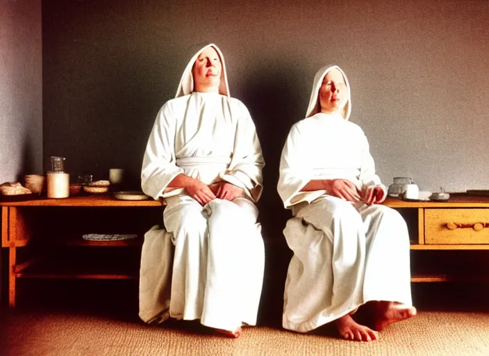 Prompt: realistic photo of a two medieval female monks scientists wearing white cotton robes, doing an experiment with a cloud, living room interior is made of wood 1 9 9 0, life magazine reportage photo, natural colors