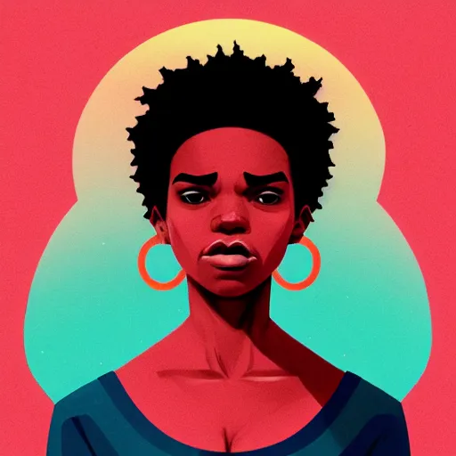 Image similar to Sachin Teng illustration of an angry afropunk female character, medium shot, asymmetrical, profile picture, trending on artstation