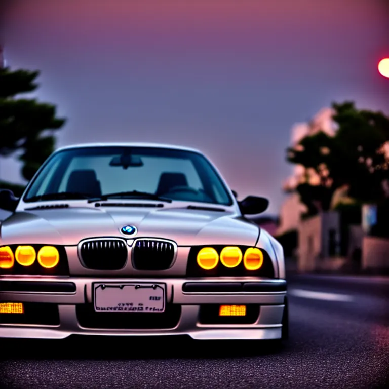 Image similar to close-up-photo BMW E36 middle of street, sunset kanagawa prefecture, night, cinematic color, photorealistic, highly detailed,