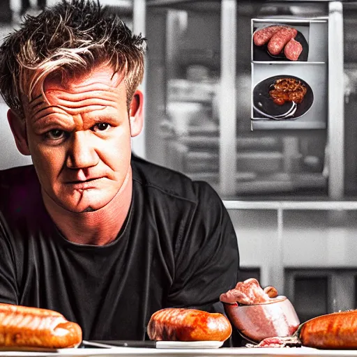 Image similar to gordon ramsey eating sausage with sauce and not liking it, high quality photograph, photorealist F1.8