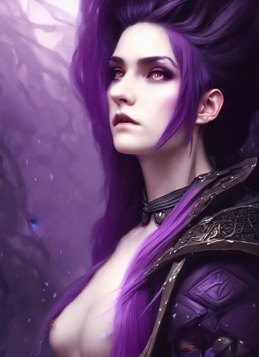 Prompt: side portrait dark witch, adventurer outfit large cloak, fantasy forest landscape, dragon scales, fantasy magic, undercut hairstyle, short purple black fade hair, dark light night, intricate, elegant, sharp focus, illustration, highly detailed, digital painting, concept art, matte, art by wlop and artgerm and greg rutkowski and alphonse mucha, masterpiece
