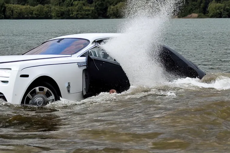 Image similar to Group of teenagers push Rolls-Royce into lake from small slide