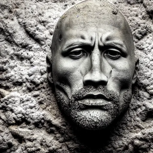 Prompt: Award-winning photograph by Mar Mann. The photo depicts a decaying roman bust of Dwayne Johnson overgrown with moss at the bottom of the sea in the middle of ruins of civilization. Minimalism, high definition, perfect composition. Deep sea picture. Very dark. Volumetric Lighting. Fish. Darkness. Ruins