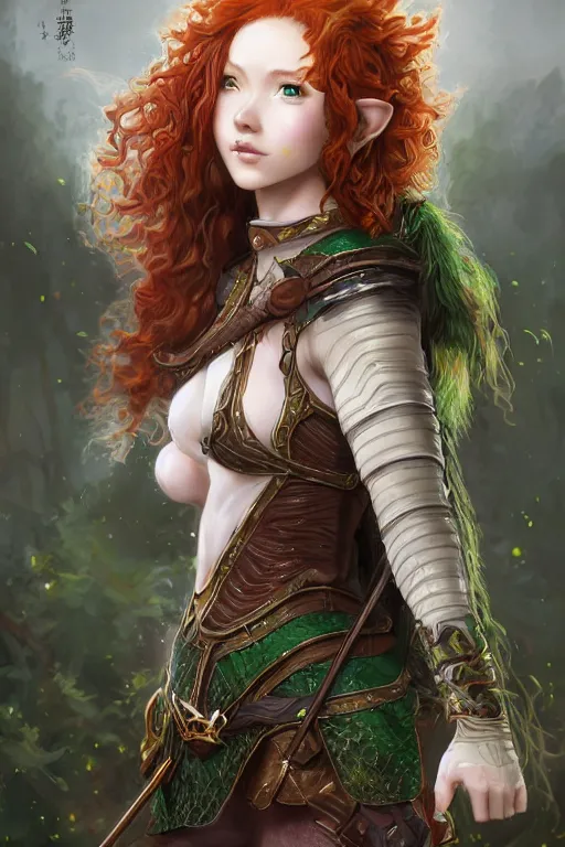 Image similar to A realistic anime portrait of long curly haired redhead female elf ranger wearing an intricate fantasy ranger outfit, asian facial features, green eyes, digital painting, by Stanley Artgerm Lau, Sakimichan, WLOP and Rossdraws, digtial painting, trending on ArtStation, SFW version